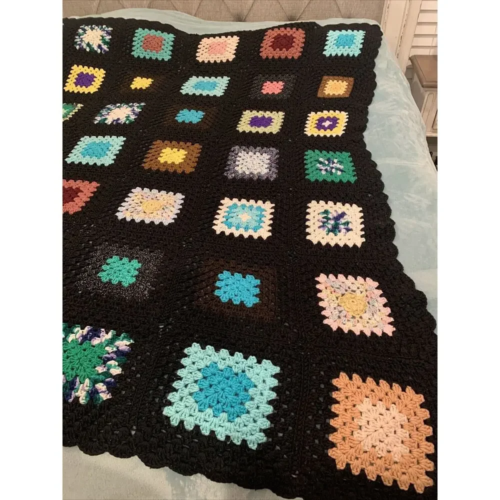VTG Granny Square Black Afghan Crochet Throw Blanket Roseanne 62x68 SOME PILLING